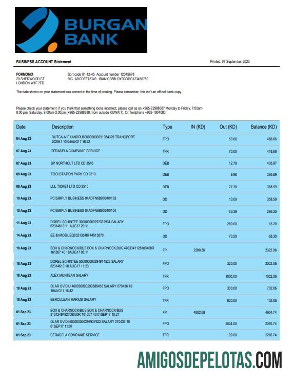 Imprimível Burgan Bank Enterprise modelo de extrato de conta Word e PDF